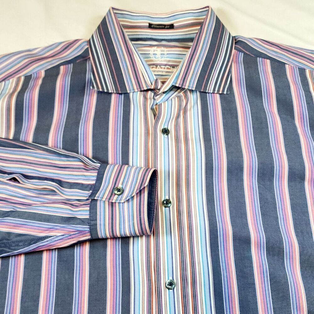 Bugatchi Uomo Shirt Large Mens Button Striped Classic Fit Colorful Long Sleeve